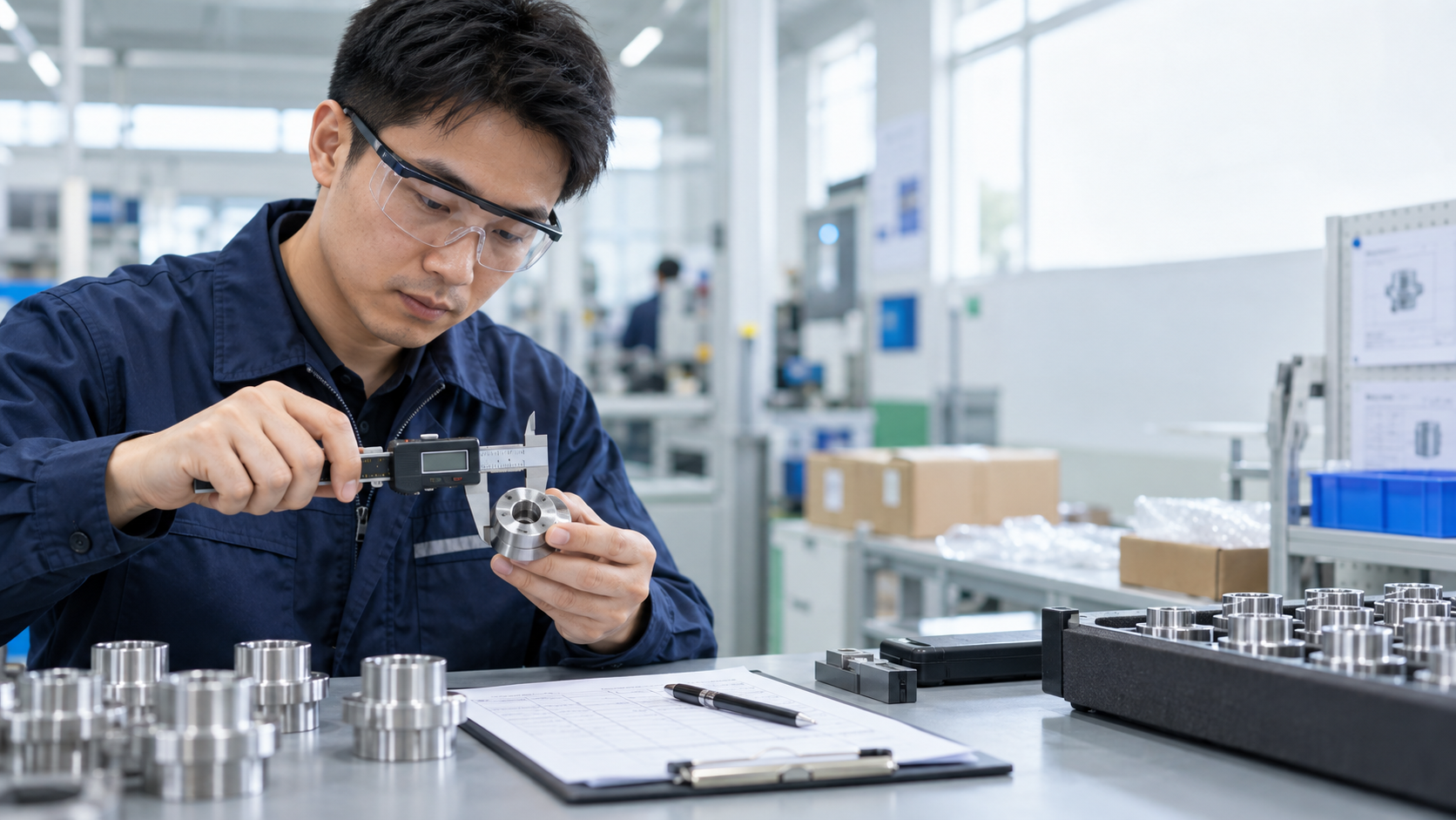 Inspector measuring a machined component