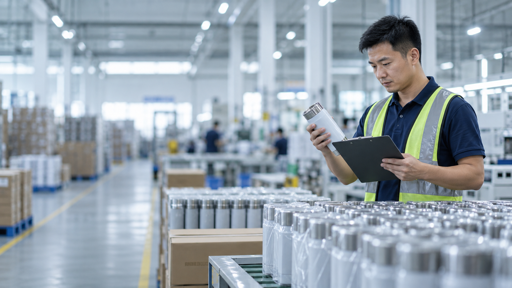 Inspector checking products on a factory floor