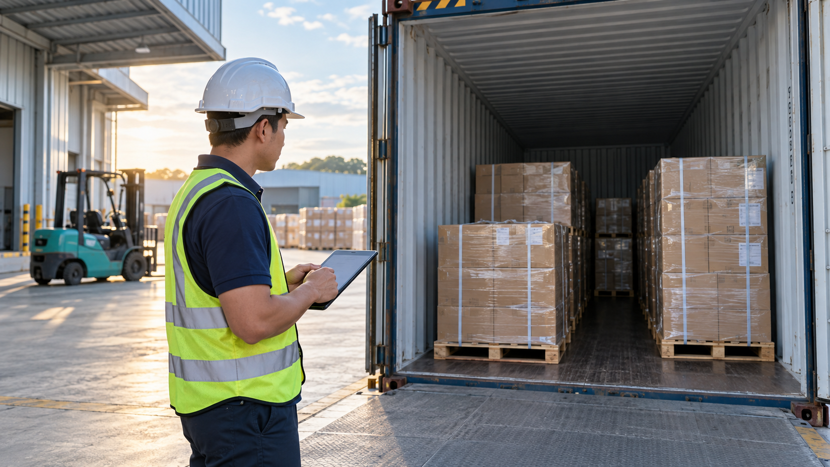Inspector supervising goods loaded into a shipping container